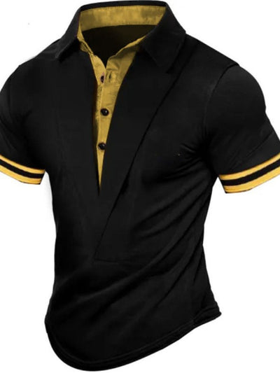 Men's collared neck short sleeve polo shirt in black with yellow contrast collar and sleeve stripes, slightly stretchy polyester blend fabric