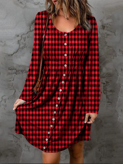 Double Take Full Size Plaid Round Neck Long Sleeve Magic DressPattern type: Plaid
Style: Fashion
Features: Buttoned
Neckline: Round neck
Length: Mini
Sleeve length: Long sleeves
Sleeve type: Regular sleeves
Hem shaped: A-line
SDressesFull Size Plaid Round Neck Long Sleeve Magic Dress