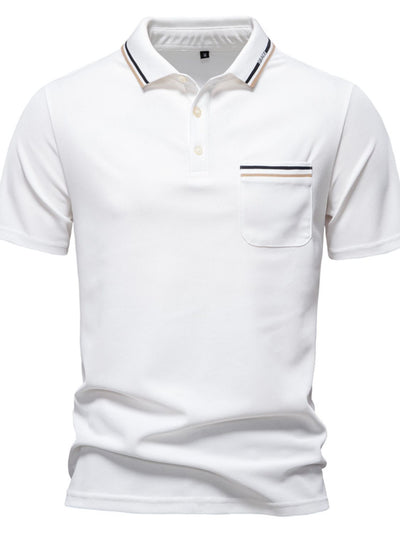 Men's short sleeve white collared polo shirt with pocket and striped trim on collar and pocket edge