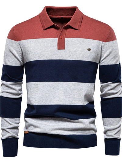 Men's striped long sleeve knit polo shirt with red, gray, and navy blue horizontal stripes and collar