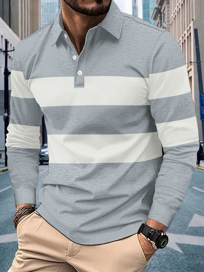Men's full size collared contrast striped polo in gray and white, plus size.