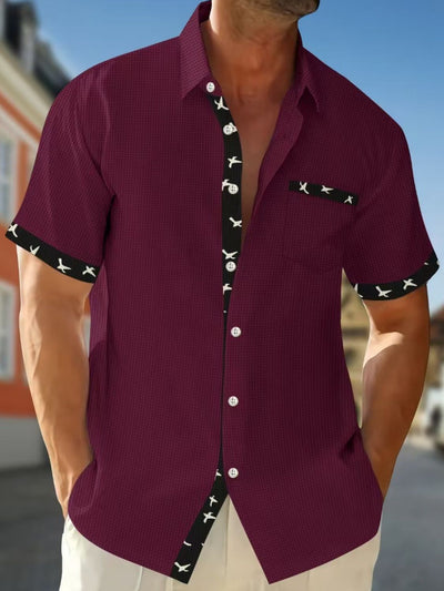 Men's full size waffle knit short sleeve shirt with contrast trim in burgundy color