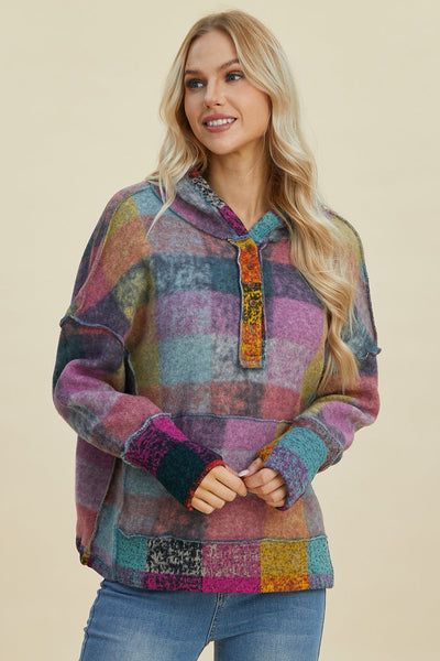 Full-size plaid dropped shoulder hoodie with pocketed design and slightly stretchy material.