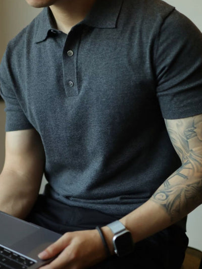 Men's plus size charcoal gray short sleeve polo shirt with button detail
