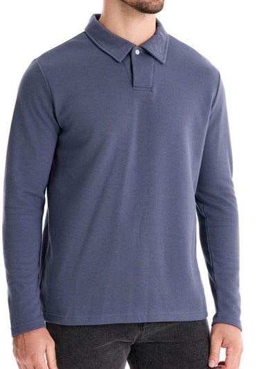 Men's collared neck long sleeve polo shirt in blue with slight stretch, made of 80% cotton and 20% polyester, featuring a basic style and buttoned collar.