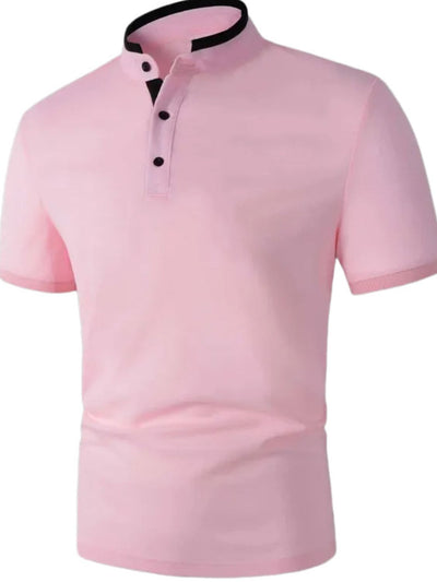 Men's full size stand collar contrast short sleeve polo shirt in pink.