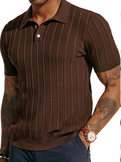 Men's full size button detail short sleeve brown polo shirt in polyester with moderate stretch