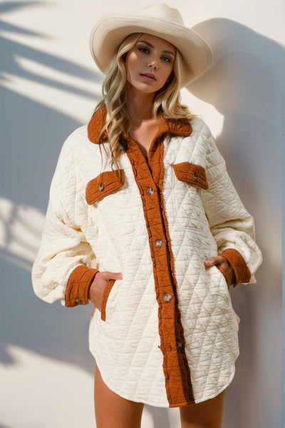 Double Take Full Size Contrast Button Up Quilted Shacket in cream and brown, featuring buttoned pockets.