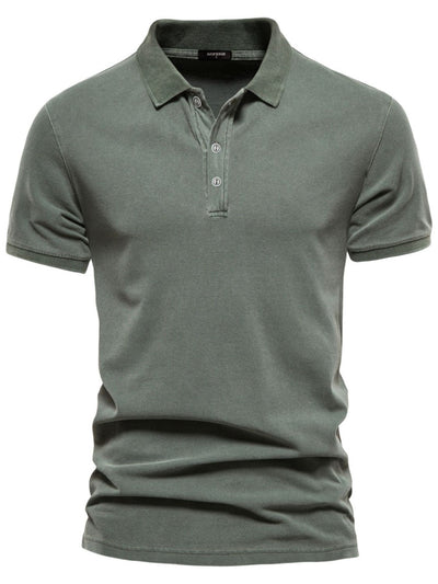 Men's collared neck short sleeve polo shirt in solid gray color with button detail and slightly stretchy 100% cotton fabric