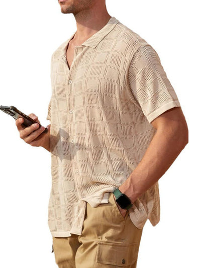 Men's full size button down short sleeve beige openwork shirt with moderate stretch, made of polyester and spandex blend