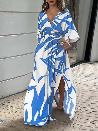 Blue and white slit printed surplice maxi dress.