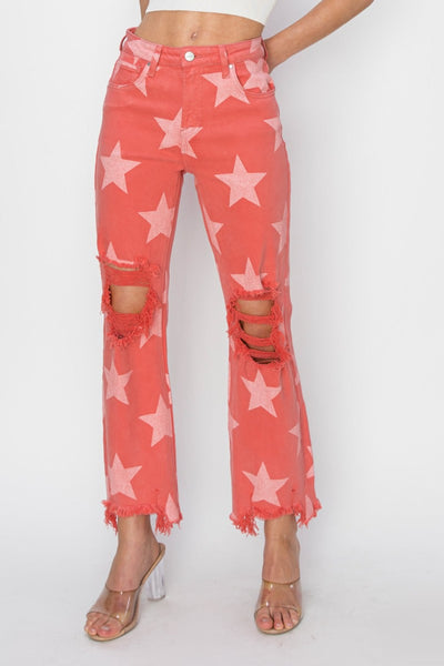 RISEN full size distressed raw hem star pattern jeans with unique design and ripped details.