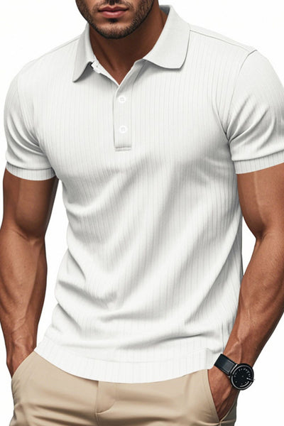 Men's full size ribbed short sleeve polo shirt in white with moderate stretch and basic style