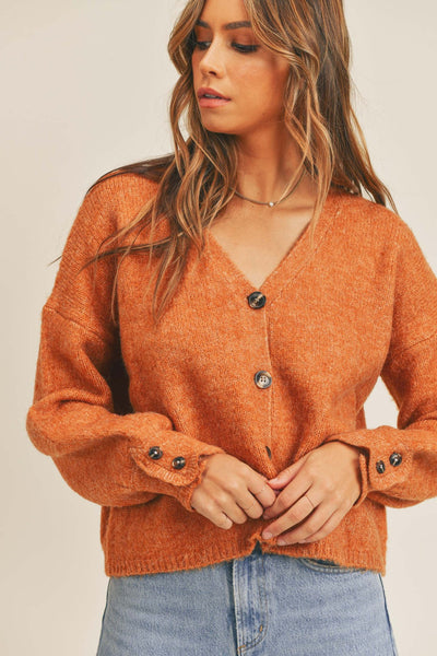 MABLE long sleeve button down sweater cardigan in orange, cozy knit fabric, perfect for layering.