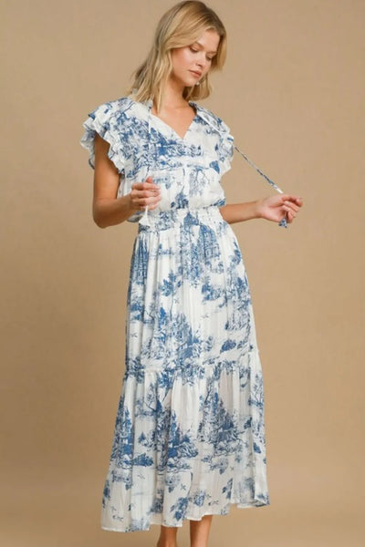 Umgee full size two tone landscape print midi dress with ruffled sleeves.