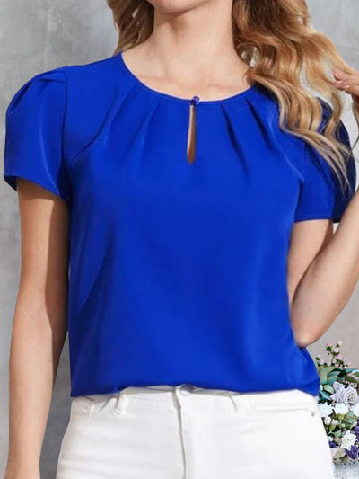 Blue ruched round neck short sleeve blouse in 100% polyester.