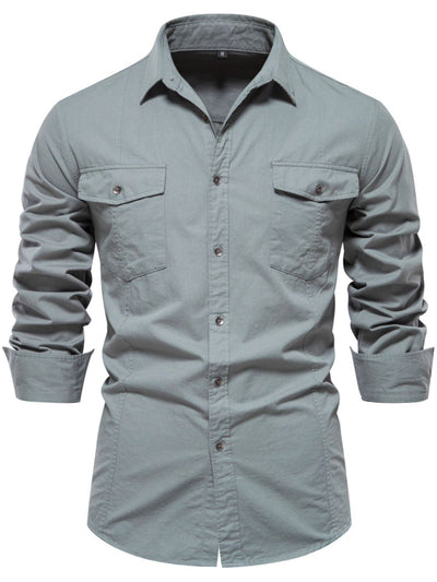 Men's button down collared neck shirt in gray, with buttoned pockets and long sleeves.