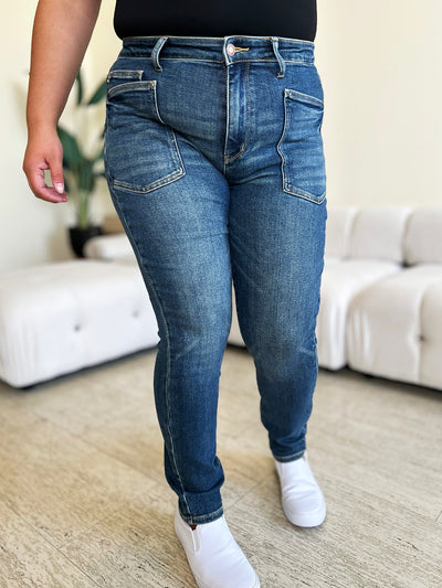 Judy Blue Full Size High Waist Skinny Jeans with moderate stretch and pocket details, perfect for versatile styling.