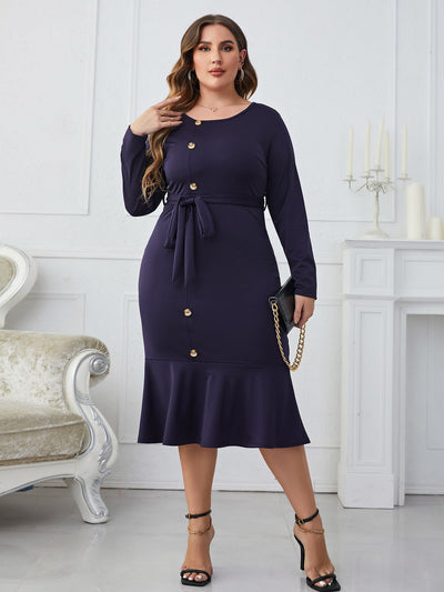 Melo Apparel Plus Size Buttoned Round Neck Tie Belt Midi DressPattern type: Solid
Style: Casual
Features: Buttoned, Tie
Neckline: Round neck
Length: Midi
Sleeve length: Long sleeves
Sleeve type: Regular sleeves
Hem shaped: A-liDressesSize Buttoned Round Neck Tie Belt Midi Dress