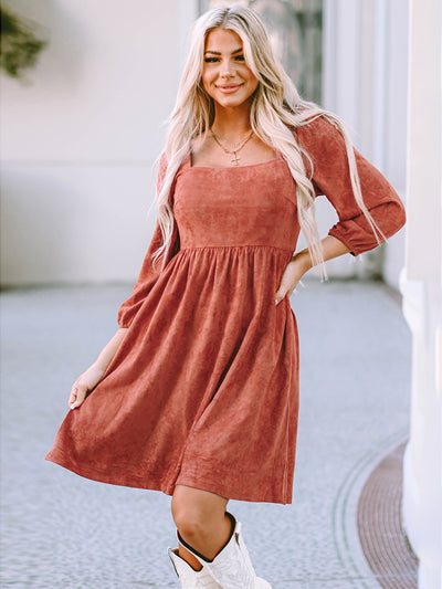 Square Neck Three-Quarter Sleeve Mini DressFeatures: Basic style
Sheer: Opaque
Stretch: Slightly stretchy
Body: Not lined
Material composition: 88% polyester, 12% elastane
Care instructions: Machine wash coldDresses-Quarter Sleeve Mini Dress