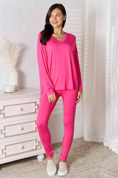 Basic Bae Full Size V-Neck Soft Rayon Long Sleeve Top and Pants LoungeThis V-neck long-sleeve top and pants lounge set is the perfect combination of comfort and style. The V-neckline adds a feminine touch, while the long sleeves providloungewear-Neck Soft Rayon Long Sleeve Top