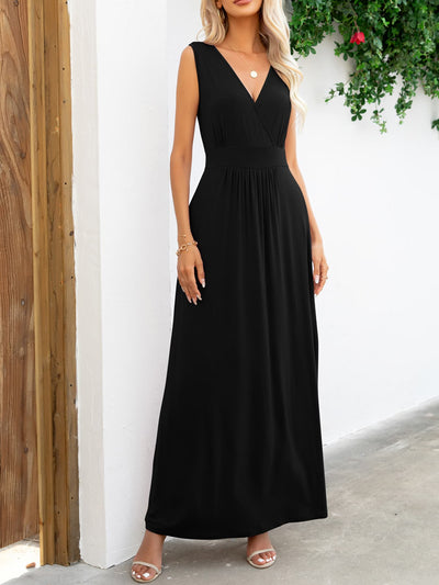 Surplice neck sleeveless maxi dress, solid black, A-line hem, stretchy viscose blend.