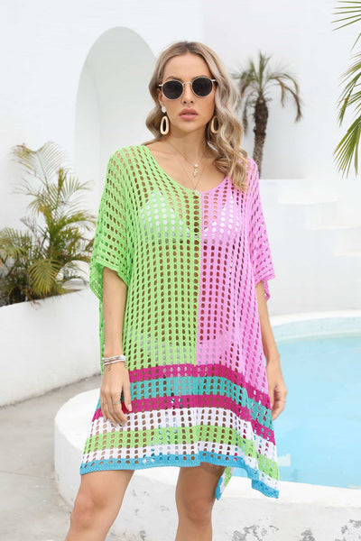 Contrast Scoop Neck Openwork Half Sleeve Cover Up in green and pink with openwork pattern.