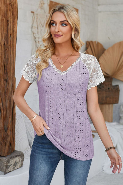 Eyelet V-Neck Lace Short Sleeve T-ShirtFeatures: Lace detail
Sheer: Opaque
Stretch: Slightly stretchy
Material composition: 95% polyester, 5% spandex
Care instructions: Machine wash cold. Tumble dry low.
Tops-Neck Lace Short Sleeve