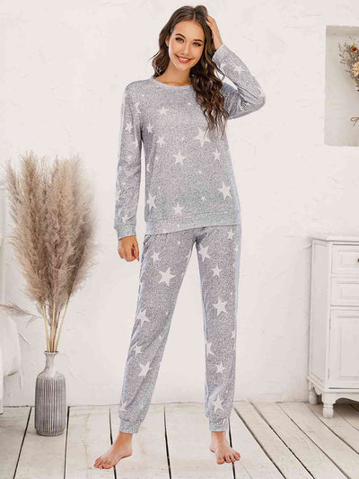 Star Top and Pants Lounge SetFeatures: Pocketed
Number of pieces: Two-piece
Sheer: Opaque
Stretch: Slightly stretchy
Material composition: 95% polyester, 5% spandex
Care instructions: Machine waloungewearPants Lounge Set