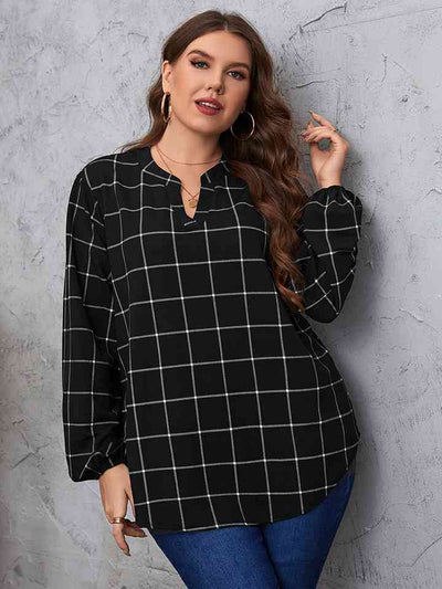 Plus Size Notched Neck Long Sleeve BlousePattern type: Plaid
Style: Casual
Features: Basic style
Neckline: Notched
Length: Regular
Sleeve length: Long sleeves
Sleeve type: Regular sleeves
Sheer: Opaque
MateTopsSize Notched Neck Long Sleeve Blouse