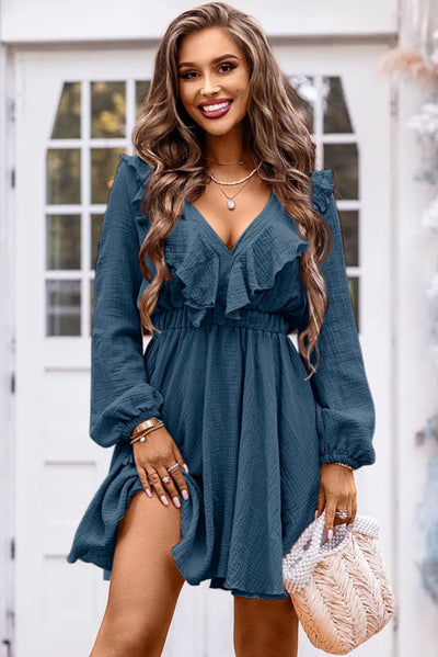 Ruffle Trim V-Neck Long Sleeve Mini DressPattern type: Solid
Style: Casual
Features: Ruffled
Neckline: Plunge
Length: Mini
Sleeve length: Long sleeves
Sleeve type: Regular sleeves
Hem shaped: A-line
Sheer: Dresses-Neck Long Sleeve Mini Dress