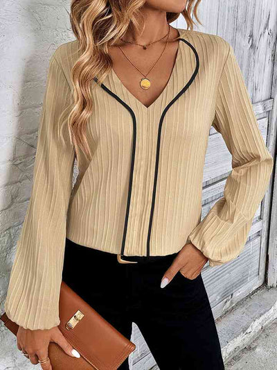 Contrast V-Neck Long Sleeve Blouse, beige, slightly stretchy 100% polyester.