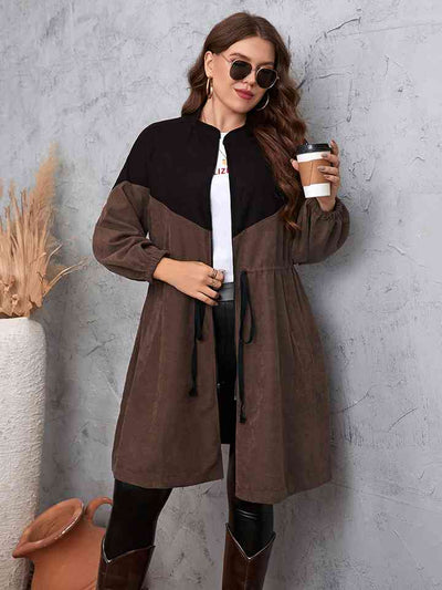 Two-Tone Dropped Shoulder Trench CoatPattern type: Color block
Style: Fashion
Features: Drawstring
Neckline: Mock neck
Length: Long
Sleeve length: Long sleeves
Sleeve type: Regular sleeves
Material compOuterwear-Tone Dropped Shoulder Trench Coat