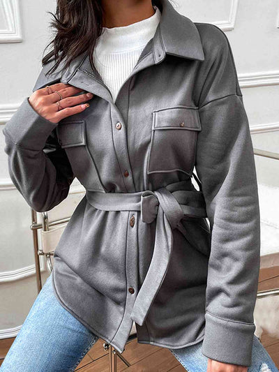 Button Down Dropped Shoulder CoatFeatures: Tied
Thickness: Normal
Body: Not lined
Material composition: 95% polyester, 5% spandex
Care instructions: Machine wash cold. Tumble dry low.
Imported
ProduOuterwearDropped Shoulder Coat