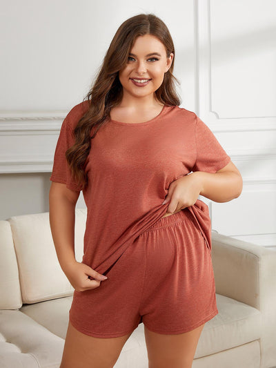 Plus Size Round Neck Short Sleeve Two-Piece Loungewear SetNumber of pieces: Two-piece
Pattern type: Solid
Style: Casual
Features: Basic style
Neckline: Round neck
Length: Shorts
Sleeve length: Short sleeves
Sleeve type: RegloungewearSize Round Neck Short Sleeve