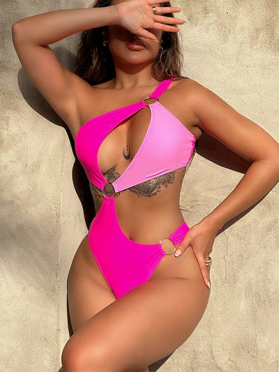 One-Shoulder Cutout Ring Detail One-Piece SwimsuitTop type: No underwire
Chest pad: Removable padding
Pattern type: Contrast
Style: Sexy, Beach
Features: Grommet
Neckline: One shoulder
Material composition: 80% poly-Shoulder Cutout Ring Detail