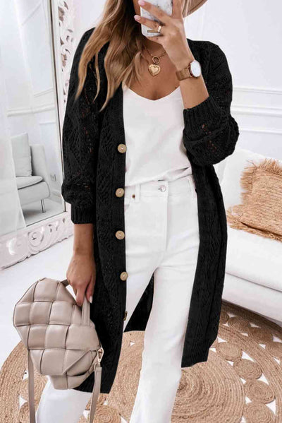 V-Neck Long Sleeve CardiganPattern type: Solid
Style: Casual
Features: Buttoned
Neckline: V-neck
Length: Long
Sleeve length: Long sleeves
Sleeve type: Regular sleeves
Material composition: 60%Apparel & Accessories-Neck Long Sleeve Cardigan