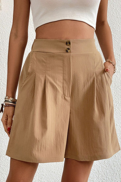 Buttoned elastic waist pleated detail shorts in solid color, casual style.