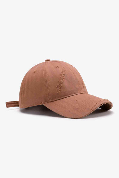 Distressed Adjustable Baseball CapType: Baseball cap
Pattern type: Solid
Material: 100% cotton
Imported
Product measurements:
Height: 4.7 inBrim: 2.75 inCircumference: adjustableAccessoriesDistressed Adjustable Baseball Cap