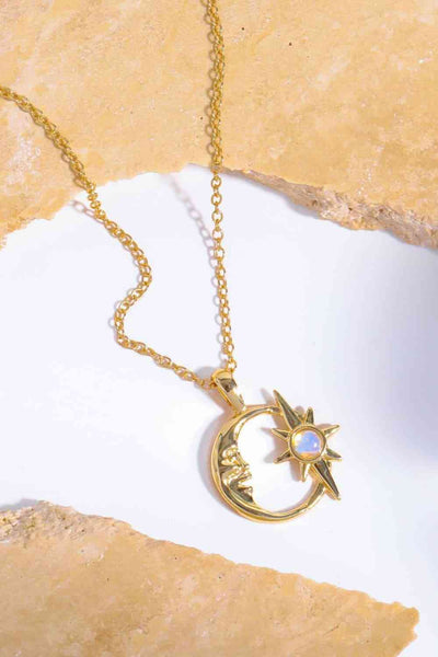 Copper 14K Gold-Plated Moon & Star Shape Pendant NecklaceStyle: Modern
Material: Copper, 14K gold-plated
Care: Avoid wearing during exercise, as sweat will react with the jewelry to produce silver chloride and copper sulfiCopper 14K Gold-Plated Moon & Star Shape Pendant Necklace